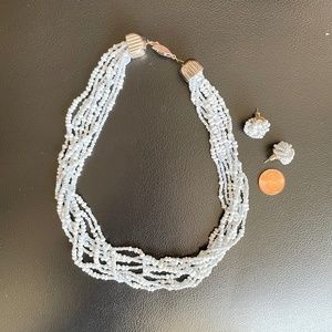 Vintage beaded necklace with earrings, grey and white